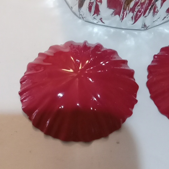 Red Dome Shaped Clip On Earrings Round Ridged Metal - Picture 2 of 3